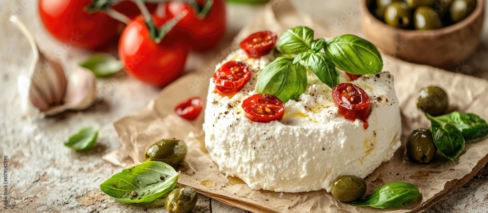 Ricotta Cheese Homemade Ricotta Cheese With Basil Garlic Tomatoes And Green Olives On Parchment Paperback And Stand On Old Beige Tiles Background Italian Food Selective Focus Ricotta Cheese Homemade Ricotta Cheese With Basil Garlic Tomatoes And Green Olives On Parchment Paperback And Stand On Old Beige Tiles Background Italian Food Selective Focus