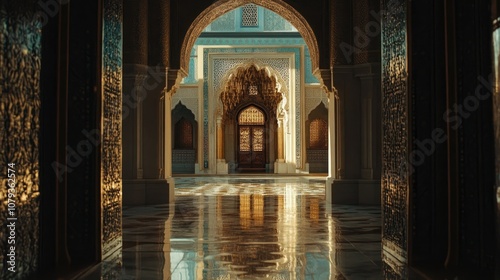 Entrance to a mosque with architecture in the background symbolizing the celebration of Eid al Adha Eid Mubarak and the Feast of Sacrifice photo