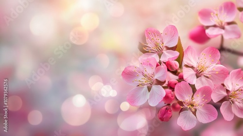 Spring floral background banner featuring beautiful blooming pink cherry blossoms with a soft bright bokeh effect