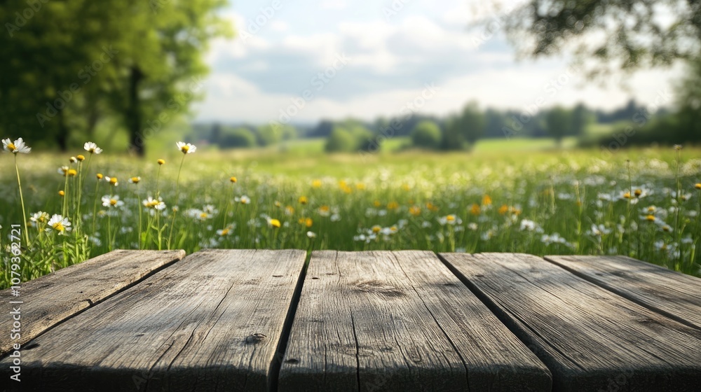 Charming spring meadow featuring a wooden table and ample space for text or images Charming spring meadow featuring a wooden table and ample space for text or images