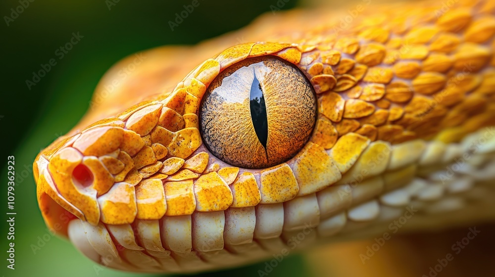 Fototapeta premium Close up of a snake s intricate slit pupil eye showcasing vivid textured scales amidst a rich green environment