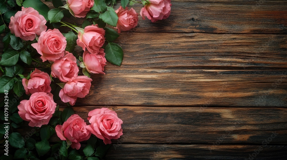 Valentine s Day setting featuring pink roses arranged on a wooden surface Valentine s Day setting featuring pink roses arranged on a wooden surface