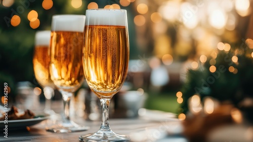 Savory golden beer at a festive celebration featuring a beautifully blurred background for added depth