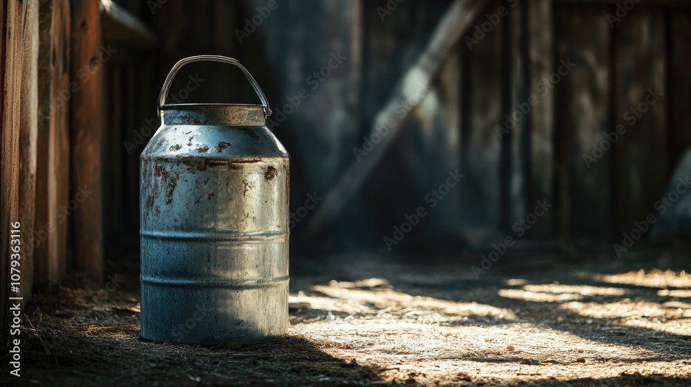 Sunlight illuminates a metal milk can in a rustic barn setting Sunlight illuminates a metal milk can in a rustic barn setting
