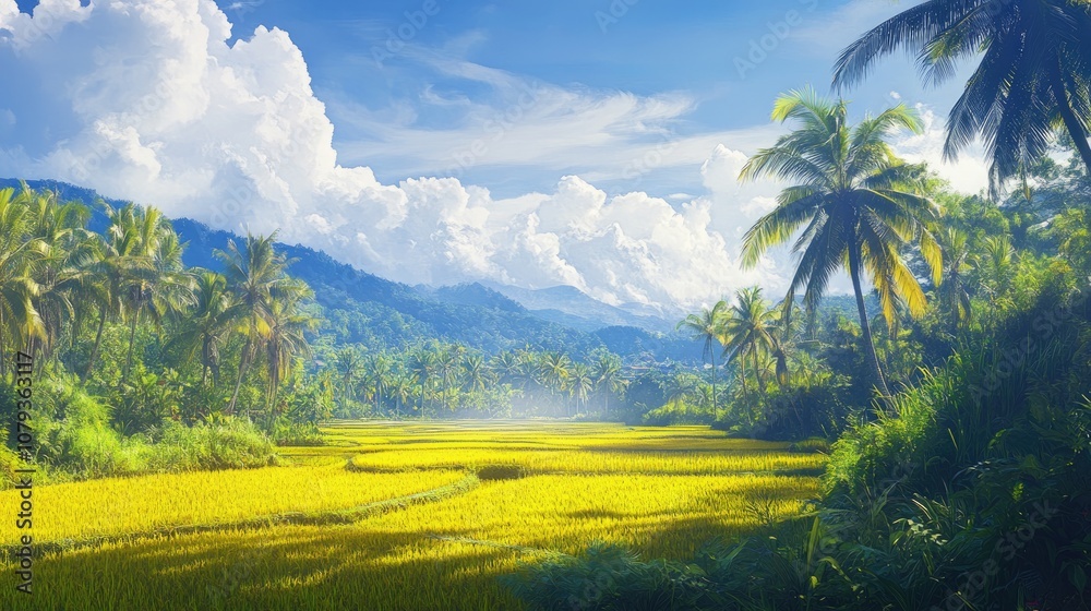 Lush rice field in shades of green and yellow illuminated by sunlight with palm trees set against a vibrant blue sky Lush rice field in shades of green and yellow illuminated by sunlight with palm trees set against a vibrant blue sky