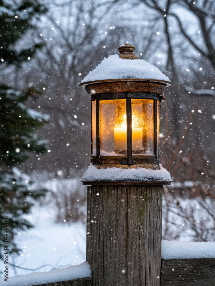 A cosy lantern covered in snow, glowing warmly on a snowy winter day, evoking a festive atmosphere. A cosy lantern covered in snow, glowing warmly on a snowy winter day, evoking a festive atmosphere.