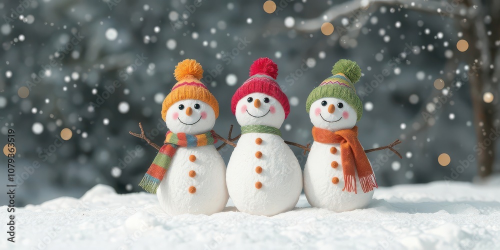 Three happy and funny marshmallow snowmen playing in the snow, wearing colorful hats and scarves, snow