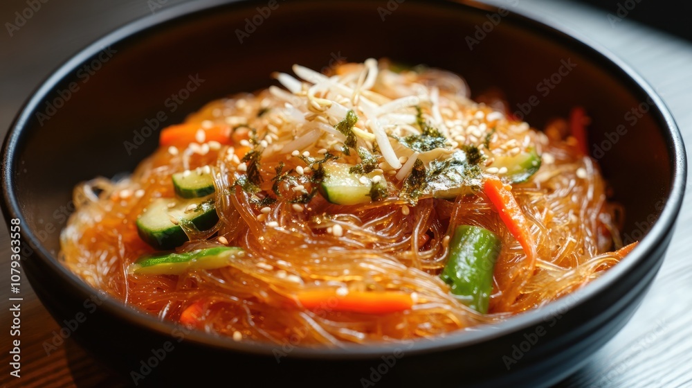 Spicy glass noodles mixed with an assortment of vegetables including carrots cucumber and peppers enhanced with garlic Spicy glass noodles mixed with an assortment of vegetables including carrots cucumber and peppers enhanced with garlic