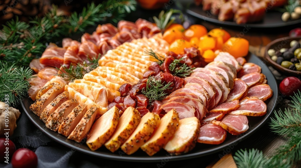 Dish With Sliced Meat Products On The Festive Table