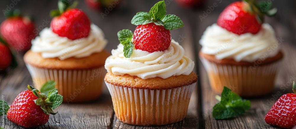 Cooked Sweet Curd Cupcakes With Fresh Strawberries And Mint On A Wooden Table Cooked Sweet Curd Cupcakes With Fresh Strawberries And Mint On A Wooden Table