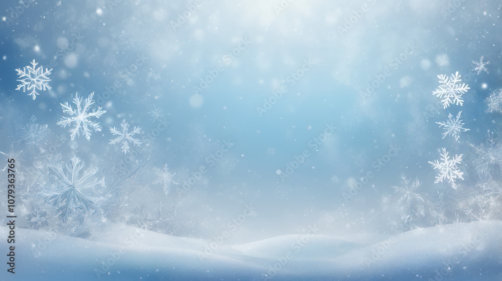 Merry Snowfall Mirage
Soft, dreamy snowflakes gently falling on a blurred, frosty blue and white background, evoking a tranquil winter wonderland. 