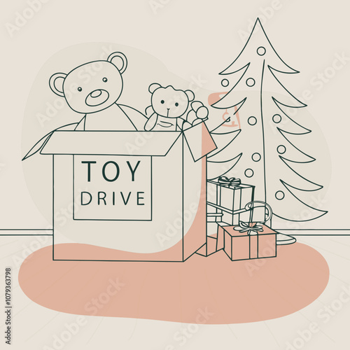 Minimalist Toy Drive Illustration with Teddy Bears and Christmas Tree for Holiday Charity