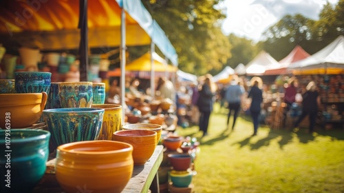 Colorful pottery at a outdoor market, vibrant bowls lined up in the foreground. People enjoy browsing nearby stalls in the sun.