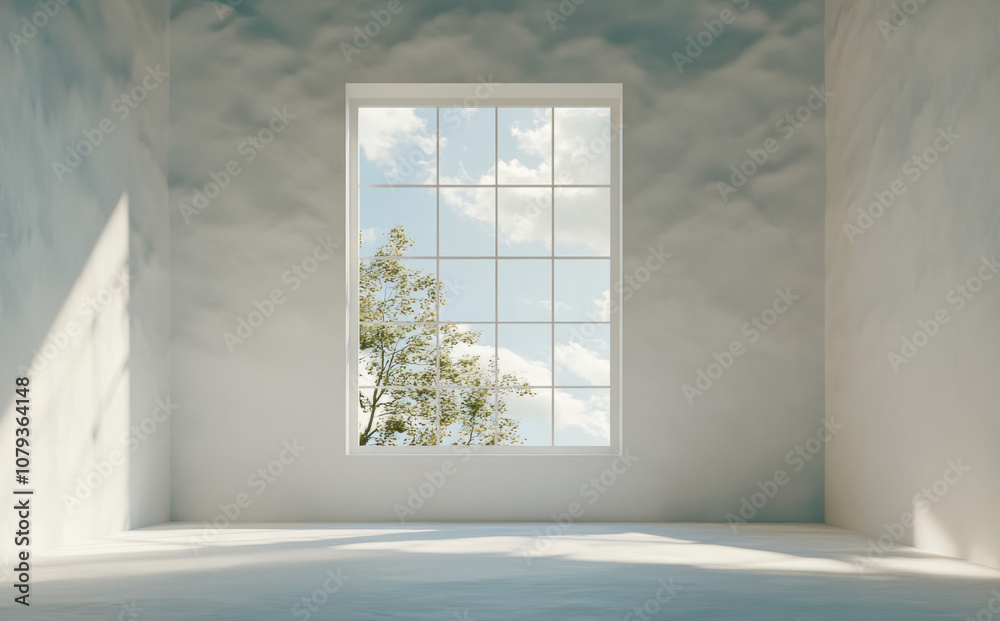 Naklejka premium Bright room with a large window showcasing a tree against a cloudy sky