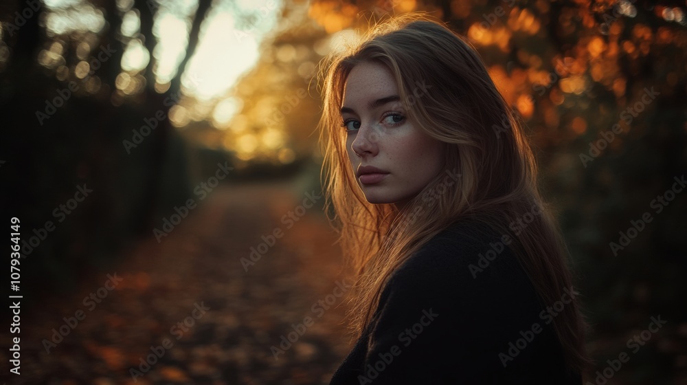A young woman with long hair gazes softly back on a quiet autumn path. Golden leaves surround her in a serene moment of reflection. A young woman with long hair gazes softly back on a quiet autumn path. Golden leaves surround her in a serene moment of reflection.
