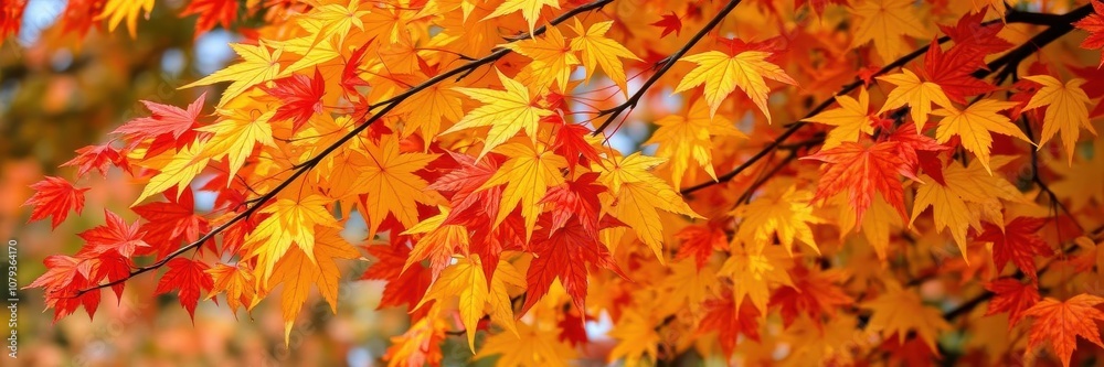 Vibrant autumn maple leaves in red, orange, and yellow hues hanging from a tree branch, fall, maple Vibrant autumn maple leaves in red, orange, and yellow hues hanging from a tree branch, fall, maple