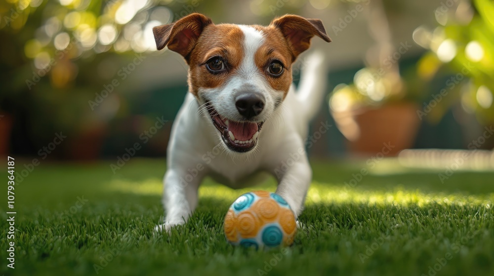 Playful Jack Russell Terrier enjoying a game with a toy ball on lush green grass in an outdoor setting Playful Jack Russell Terrier enjoying a game with a toy ball on lush green grass in an outdoor setting
