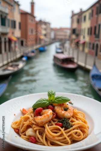 A Taste of Italy: Linguini with Shrimp, a Delectable Italian Dish Served on a Terrace in Venice, Offering a Culinary Experience with Stunning Canal Views.	
