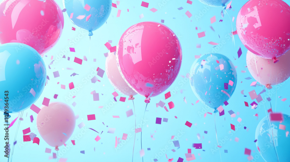 Colorful balloons and confetti on a bright blue background for a celebration