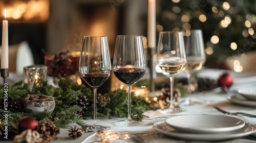 Celebratory table adorned with wine glasses and seasonal decorations embodying the spirit of a joyful holiday gathering