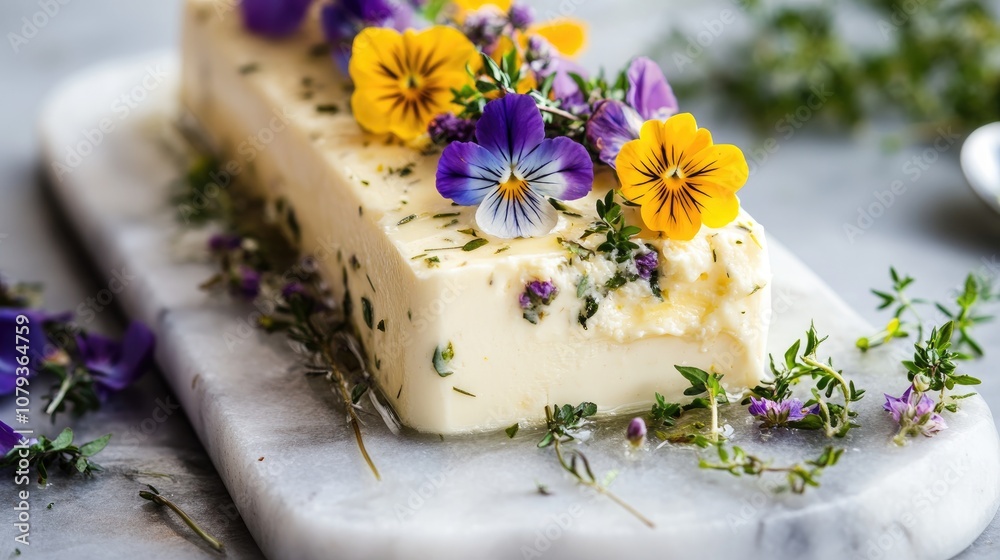 Herb infused butter with colorful edible flowers on a marble cutting board showcasing a healthy culinary option Herb infused butter with colorful edible flowers on a marble cutting board showcasing a healthy culinary option