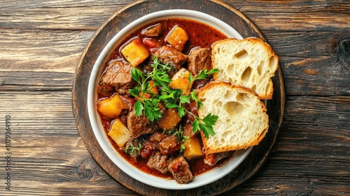 Beef Stew Served With Bread In A Plate On A Wooden Background