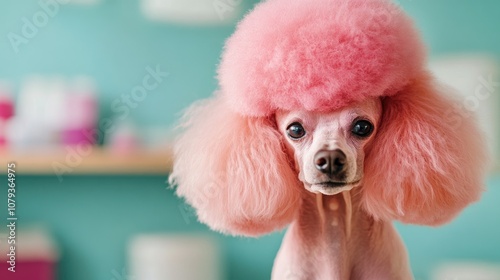 Humorous poodle with a pink hairstyle at a pet grooming salon photo