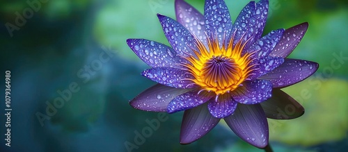 Violet Water Litty Flower Nymphaea Nouchal Blue Lotus Star Lotus With Green Background Macro Shot Of Yellow And Violet Central Area Of Flower Shallow Depth Of Field Bokeh Color Contrast photo