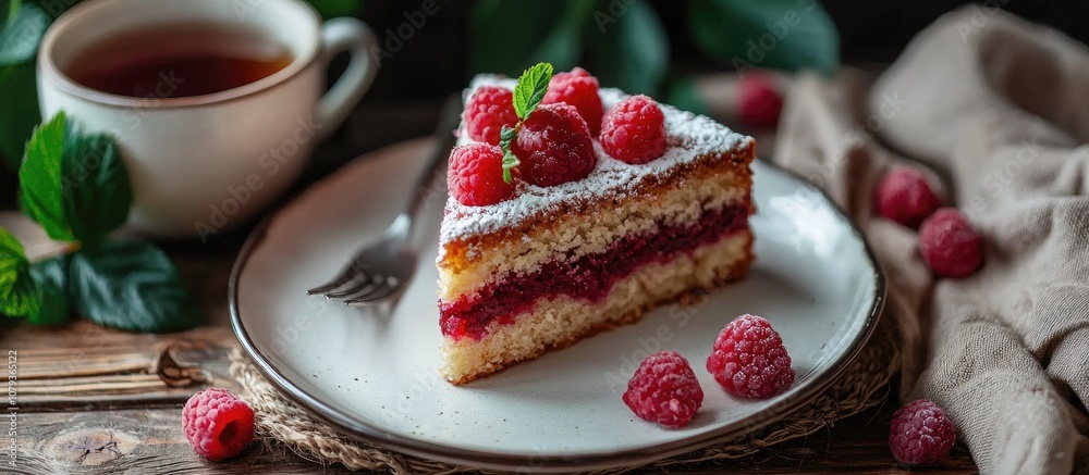 Raspberry Cake On A Plate With A Cup Of Black Tea Raspberry Cake On A Plate With A Cup Of Black Tea