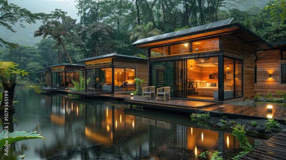 Fototapeta premium Modern wooden cabins on stilts over a still lake in a lush green forest.