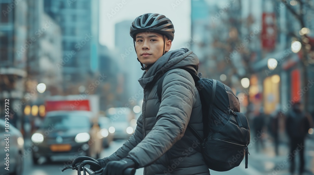 An urban cyclist wearing a helmet and backpack pauses while commuting through a bustling city street filled with traffic An urban cyclist wearing a helmet and backpack pauses while commuting through a bustling city street filled with traffic