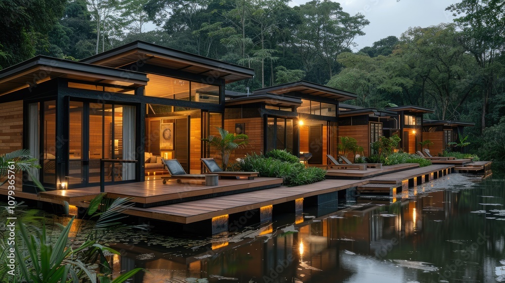 Modern, wooden cabins on stilts over a tranquil pond, surrounded by lush greenery. Modern, wooden cabins on stilts over a tranquil pond, surrounded by lush greenery.