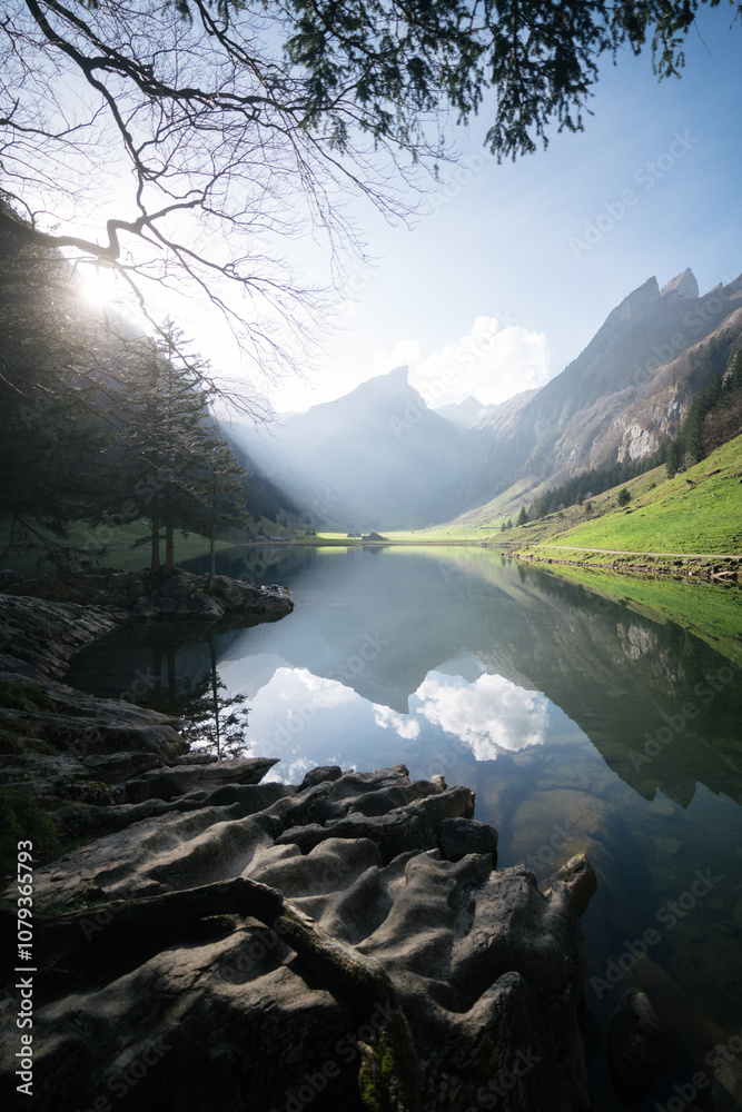 Swiss Alps mountain scenery at Seealpsee lake in Appenzellerland region, Switzerland