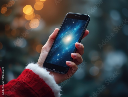 Santa’s Hand Holding a Smartphone: The Perfect Highlight for Christmas Promotions, News, and Sales Campaigns with Ample Copy Space.

 photo