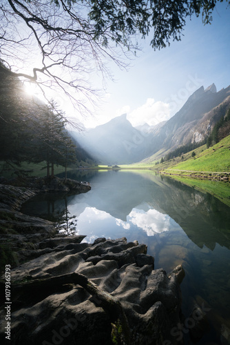 Obraz na płótnie Swiss Alps mountain scenery at Seealpsee lake in Appenzellerland region, Switzerland w salonie