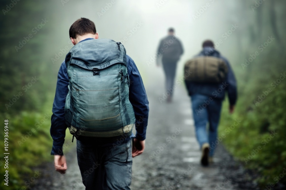 Foggy adventure: hikers on a misty trail through lush forest Foggy adventure: hikers on a misty trail through lush forest