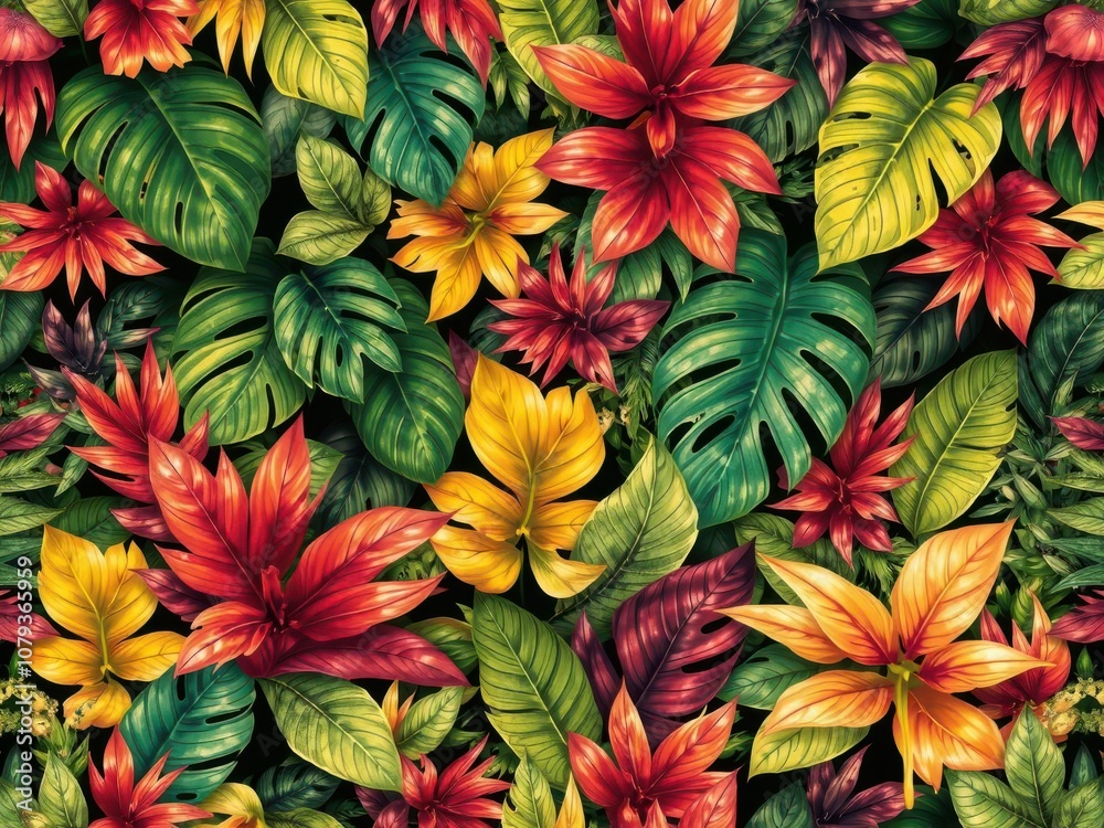 Vibrant seamless tropical pattern featuring exotic leaves and plants in a lush jungle setting, botanical, plants Vibrant seamless tropical pattern featuring exotic leaves and plants in a lush jungle setting, botanical, plants