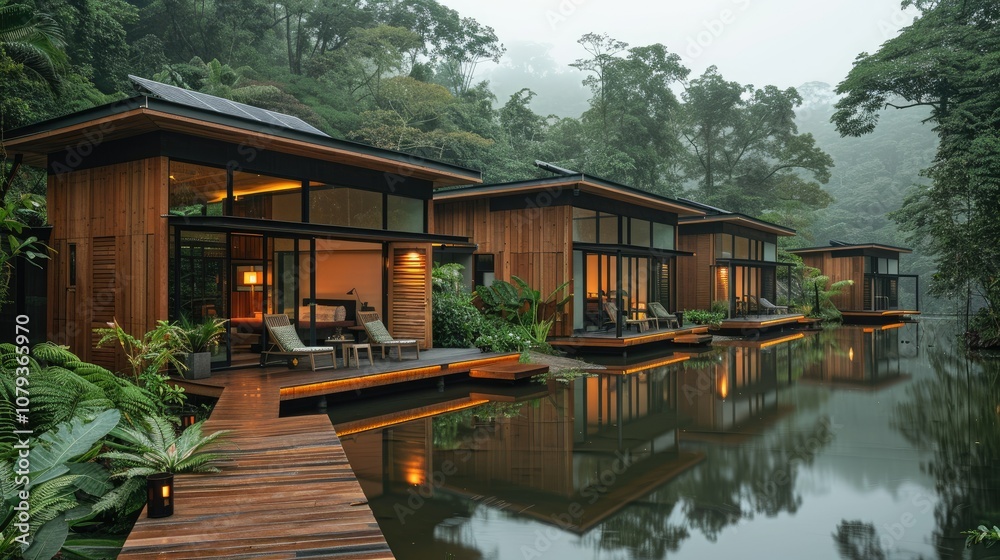 Obraz premium Modern wooden cabins with a lake view, on a wooden deck.