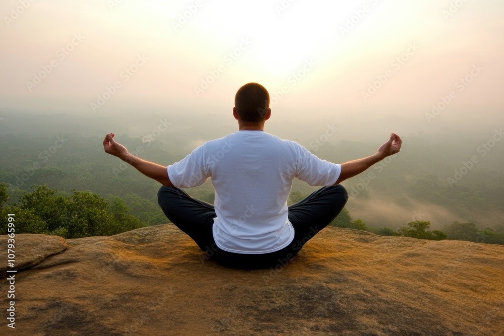 Serenity in nature: meditation at sunrise on a cliff Serenity in nature: meditation at sunrise on a cliff