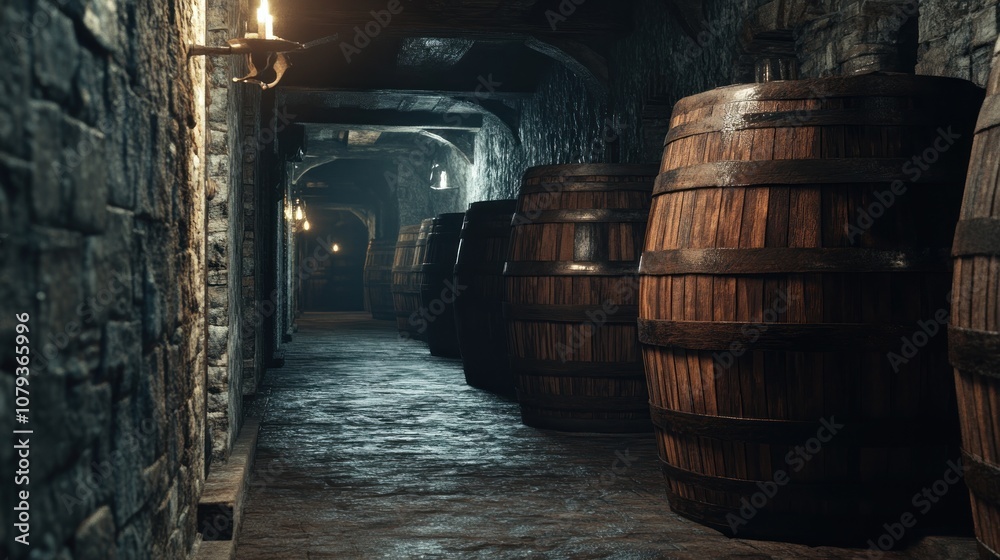 Dark Cellar with Wooden Barrels Dark Cellar with Wooden Barrels