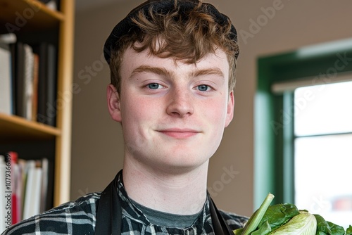 Young chef with fresh vegetables in kitchen environment