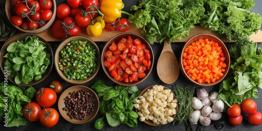 A vibrant arrangement of fresh vegetables and herbs in bowls, showcasing a variety of ingredients for local cooking