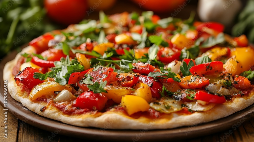 A rustic pizza topped with a variety of colorful rare peppers and fresh green herbs, served on a wooden plate A rustic pizza topped with a variety of colorful rare peppers and fresh green herbs, served on a wooden plate