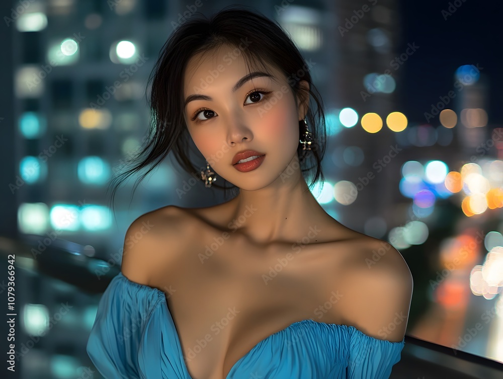 Asian woman in a blue off-the-shoulder dress with a plunging neckline Asian woman in a blue off-the-shoulder dress with a plunging neckline