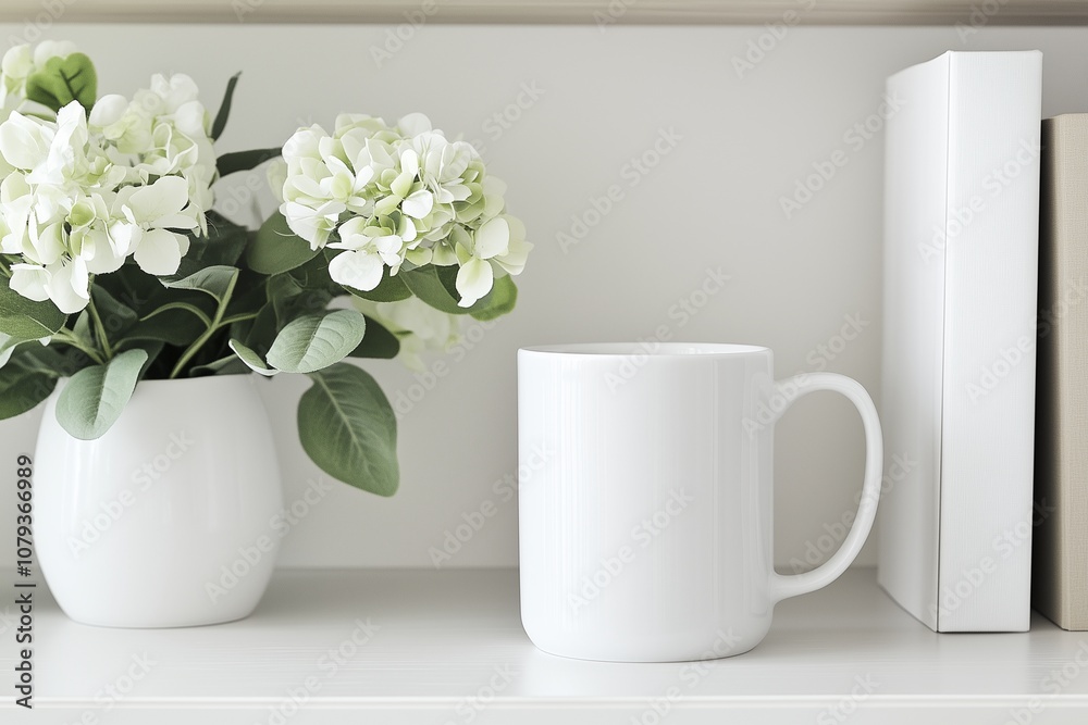 custom made wallpaper toronto digitalSerene Shelf Decor: White Mug and Hydrangea Display