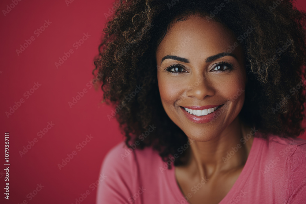 Smiling woman with curly hair wearing a pink shirt against a pink background Smiling woman with curly hair wearing a pink shirt against a pink background