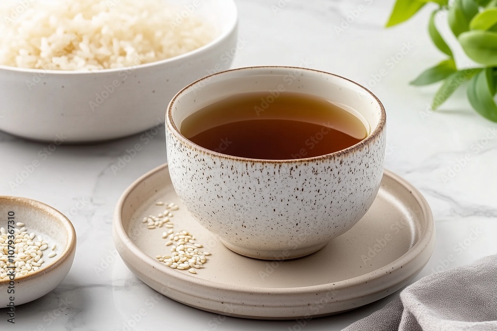 Stylish Ceramic Bowls Displaying Sesame Oil and White Rice with Sesame Seeds on a Marble Countertop Stylish Ceramic Bowls Displaying Sesame Oil and White Rice with Sesame Seeds on a Marble Countertop