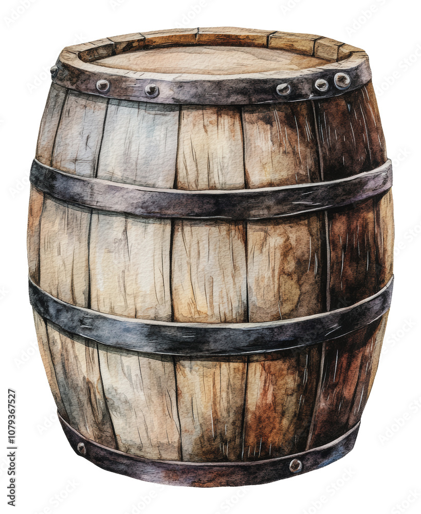 PNG Wooden barrel with metal bands, rustic design PNG Wooden barrel with metal bands, rustic design