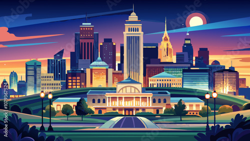 Kansas City skyline by night, viewed from Liberty Memorial Park, near Union Station. Kansas City is the largest city in Missouri.