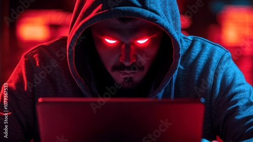 Hooded hacker with red eyes. Neon light. A man behind a laptop commits a 
hack.